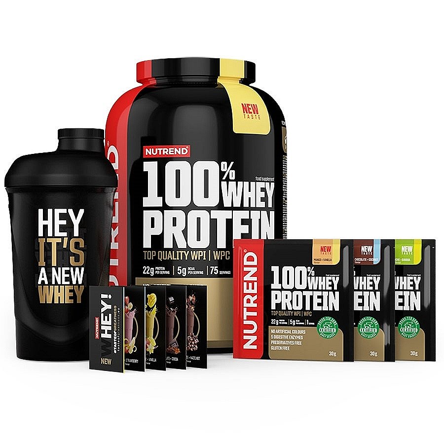 Nutrend 100% Whey Protein čokoláda/oříšek 2250g + 3x vzorek 30g + šejkr ZDARMA