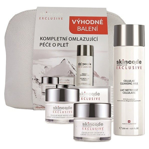 SKINCODE EXC Kompletní omlazující péče o pleť set -čisticí pleťové mléko (200 ml), denní krém SPF 15 (50 ml) a intenzivní noční omlazující krém (50 ml)