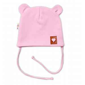 Baby Nellys Bavlněná dvouvrstvá čepice s oušky na zavazování TEDDY - růžová