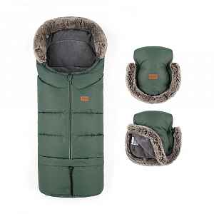 Petite&Mars Set zimní fusak Arctic 4v1 + rukavice na kočárek Furry Veritable Khaki