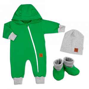 Baby Nellys Rostoucí teplákový overal, čepice, botky, 3D, Nature - zelený, vel. 68/74