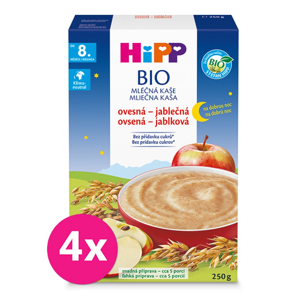 4x HiPP BIO Kaše mléčná na dobrou noc ovesná-jablečná od 8.měsíce, 250g