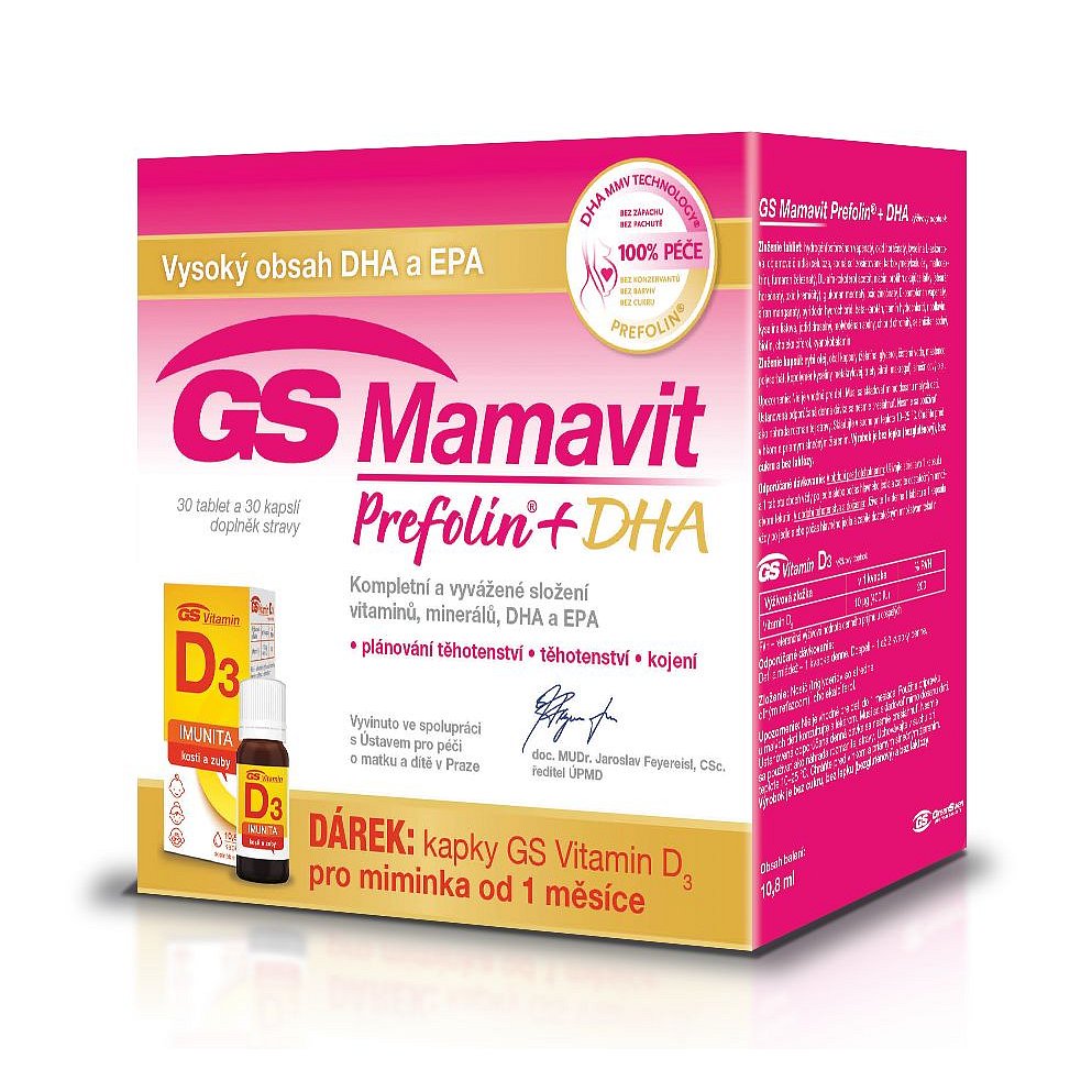 GS Mamavit Prefolin + DHA 30 tablet + 30 kapslí + dárek kapky GS Vitamin D3 10,8 ml