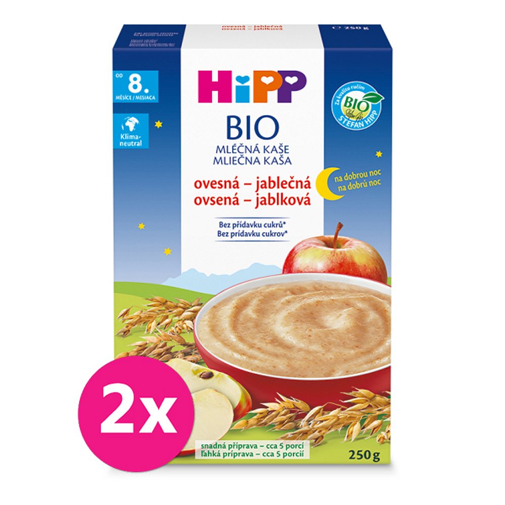 2x HiPP BIO Kaše mléčná na dobrou noc ovesná-jablečná od 8.měsíce, 250g