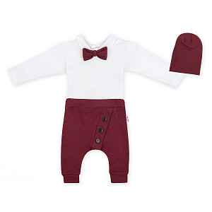Baby Nellys 3-dílná sada Hubert, body s motýlkem, tepláčky a čepička - bordo, vel. 80 vel.  80