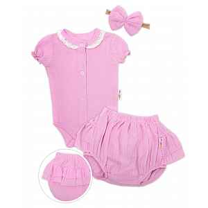 Baby Nellys 3-dílná mušelínová soupravička, body, kraťasky + čelenka GIRL, růžová, vel. 74 vel.  74