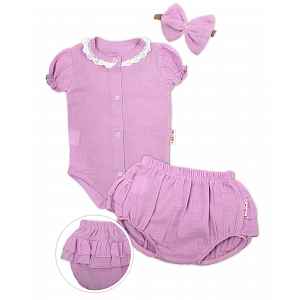 Baby Nellys 3-dílná mušelínová soupravička, body, kraťasky + čelenka GIRL, lila, vel. 74 vel.  74