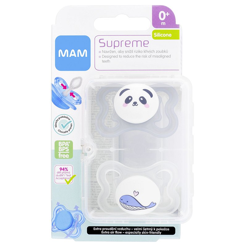 MAM Dudlík Supreme 0-6 m, 2 ks, silikon šedá panda a velryba