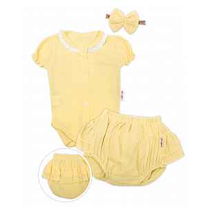Baby Nellys 3-dílná mušelínová soupravička, body, kraťasky + čelenka GIRL, žlutá, vel. 68 vel.  68