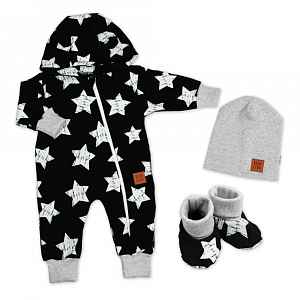 Baby Nellys Rostoucí teplákový overal, čepice, botky, 3D, Nature Star - černý, 80/86