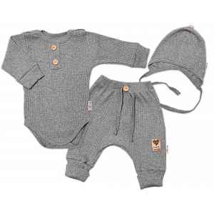 Baby Nellys 3-dílná žebrovaná soupr. Hand Made, body, tepláčky a čepička, šedá