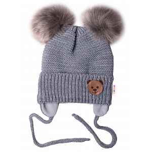 Dětská zimní čepice s fleecem Teddy Bear + bambulky - šedá