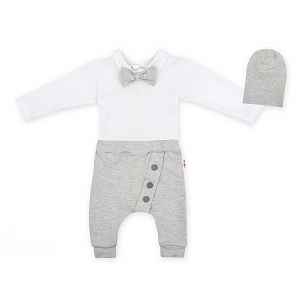 Baby Nellys 3-dílná sada Hubert, body s motýlkem  dl.rukáv, tepláčky a čepička - šedý