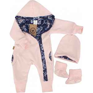 Z&Z Teplákový dvouvrstvý overálek + čepice a botky , Květy, růžová/granát