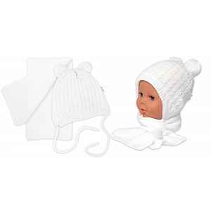 Baby Nellys Zimní čepice na zavazování s bambulky + šál - bílá