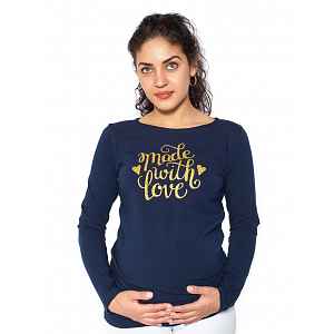Be MaaMaa Těhotenské triko dlouhý rukáv Made with Love - tm. modrá - XL
