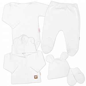 Baby Nellys Žebrovaná sada, Star 5D, body, polodupačky, kabátek, čepička, rukavice -, bílá