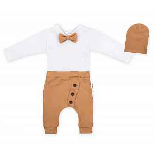 Baby Nellys 3-dílná sada Hubert, body s motýlkem, tepláčky a čepička - hnědá, vel. 92 vel.  92
