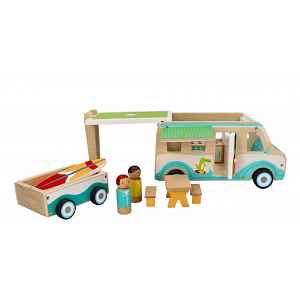 Adam Toys Dřevěnný autokaravan s přívěsem a příslušenstvím,
