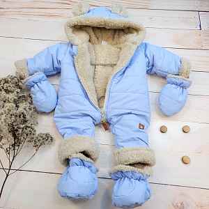 Z&Z Zimní prošívaná kombinéza s kožíškem a kapucí + rukavičky + botičky, - modrá