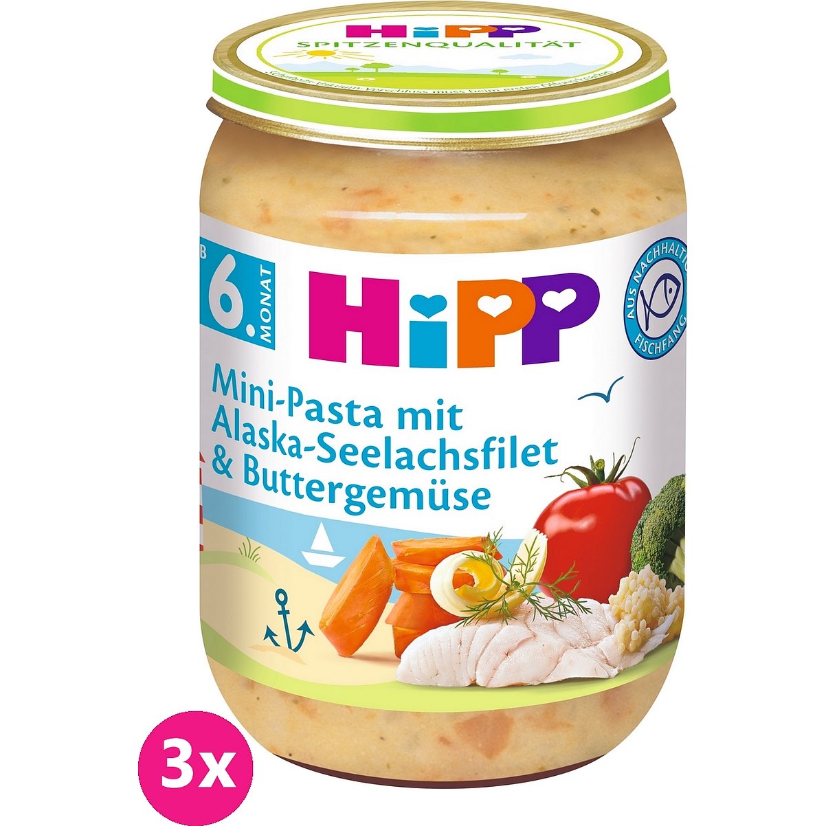 3x HIPP Mini těstoviny s aljašskou treskou v máslové zelenině (6m+) 190 g