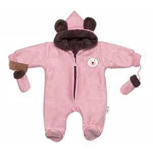 Baby Nellys Oteplená pletená kombinéza s rukavičkama Teddy Bear, dvouvrstvá, růžová