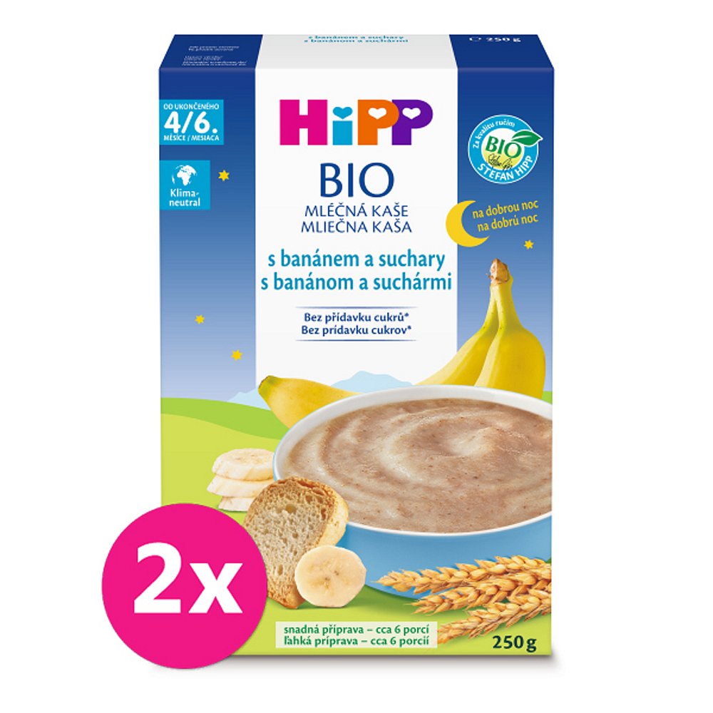 2x HiPP BIO Kaše mléčná na dobrou noc s banánem a suchary od uk. 4.-6. měsíce, 250g