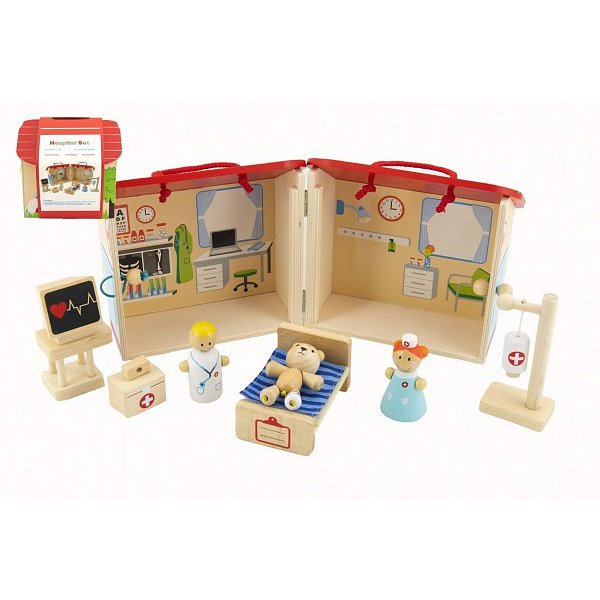 Teddies Domeček dřevěná nemocnice s doplňky 10ks