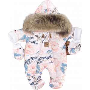 Z&Z Zimní kombinéza s dvojitým zipem, kapucí a kožešinou + rukavičky, Angel, růžičky