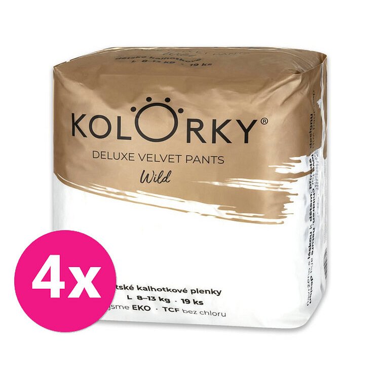 4x KOLORKY DELUXE VELVET PANTS Wild Kalhotky plenkové jednorázové eko L (8-13 kg) 19 ks