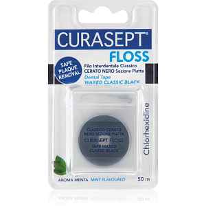 Curasept Dental Tape Waxed Classic Black voskovaná dentální páska s antibakteriální přísadou Mint 50 m
