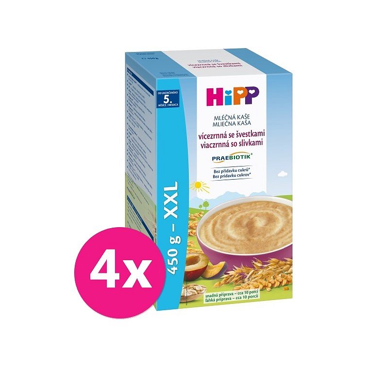 4 x HIPP Mléčná kaše Praebiotik vícezrnná se švestkami