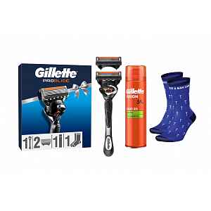 Gillette Xmass sada holicí strojek + 2 hlavice, ponožky a gel na holení 200 ml