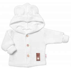 Baby Nellys Dětský elegantní pletený svetřík s knoflíčky a kapucí s oušky, bíly, vel. 68 vel.  68