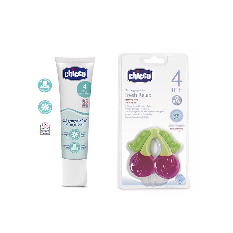CHICCO Uklidňující zubní gel na dásně 30 ml + Kousátko chladící gelové třešně 4m+