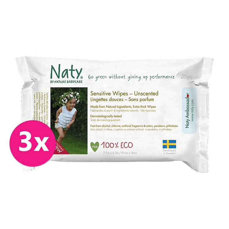 3x ECO BY NATY Ubrousky vlhčené cestovní neparfumované Sensitive Eco 20 ks