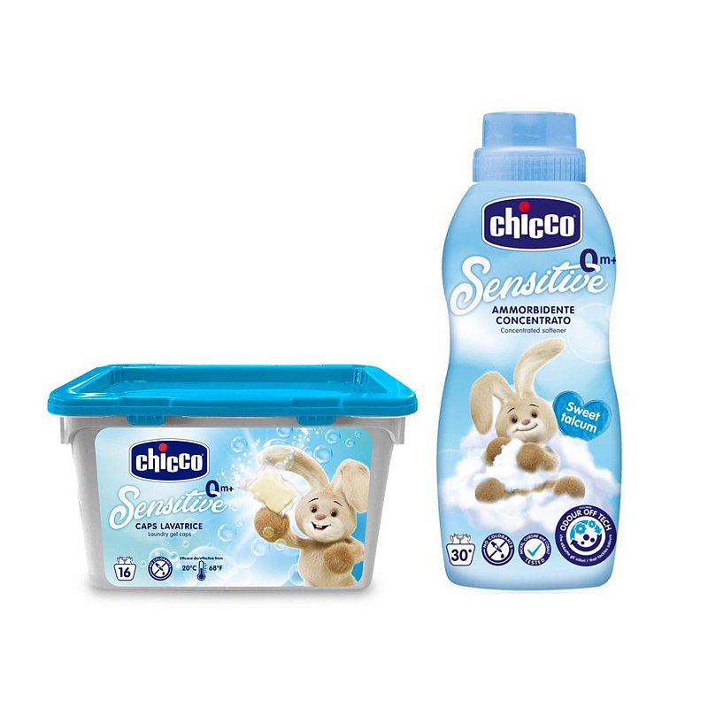 CHICCO Kapsle prací gelové Sensitive 16 ks + Aviváž konc. Sladký Pudr 750 ml