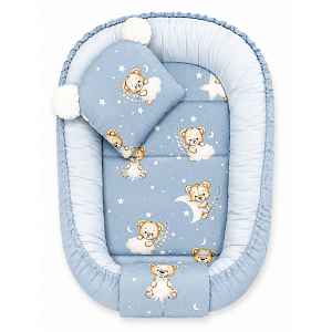 Baby Nellys Oboustranné hnízdečko, podložka + polštářek 3D,Sleepy Teddy, modré