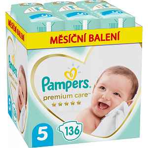 PAMPERS Premium Care 5 JUNIOR 136 ks (11-16 kg) MĚSÍČNÍ ZÁSOBA – jednorázové pleny