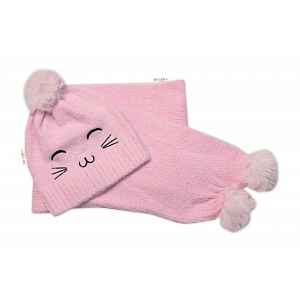 Baby Nellys Zimní čepice s bambulí + šál, Kitty, růžová vel.  54/58