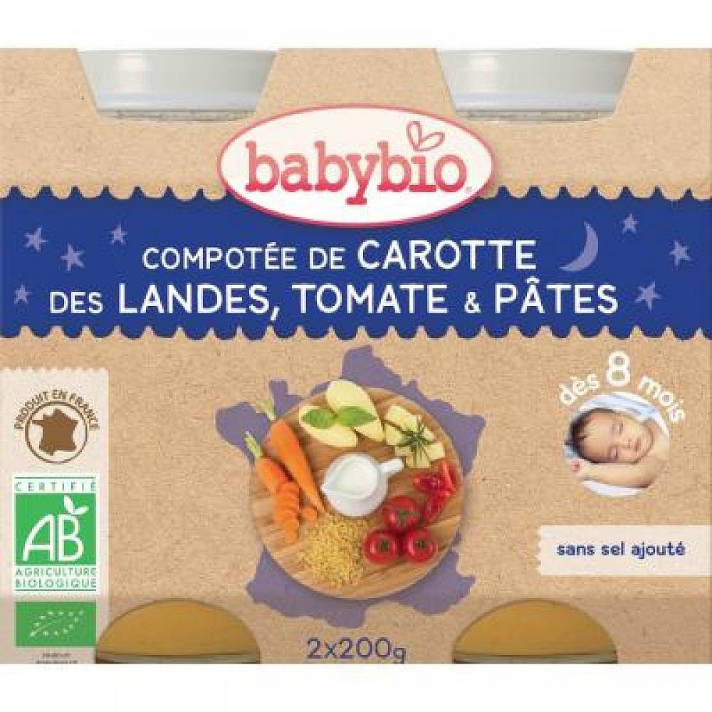 BABYBIO večerní menu mrkev a rajčata s těstovinami 2x200 g