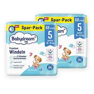 Babydream Pleny Premium Junior, 10–16 kg, vel. 5, XXL balení 136 ks 136 ks
