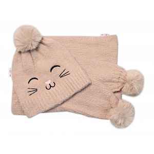 Baby Nellys Zimní čepice s bambulí + šál, Kitty, cappuccino vel.  54/58