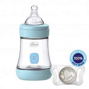 CHICCO Láhev kojenecká Perfect 5 silikon, 150 ml kluk + vzorek Šidítko Physio Micro 0-2m