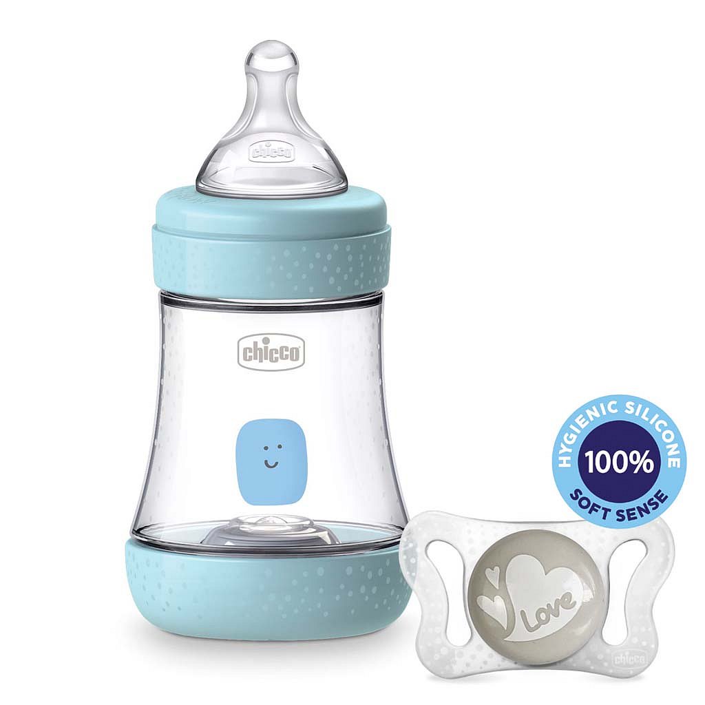 CHICCO Láhev kojenecká Perfect 5 silikon, 150 ml kluk + vzorek Šidítko Physio Micro 0-2m