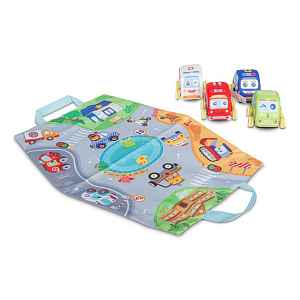 Toyz Plyšová autíčka se silniční podložkou – sada 4 ks, pullback