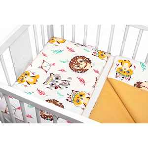 Baby Nellys 2-dílné bavlněné povlečení Ježek a Liška -bílá s potiskem/hořčicová,135x100cm