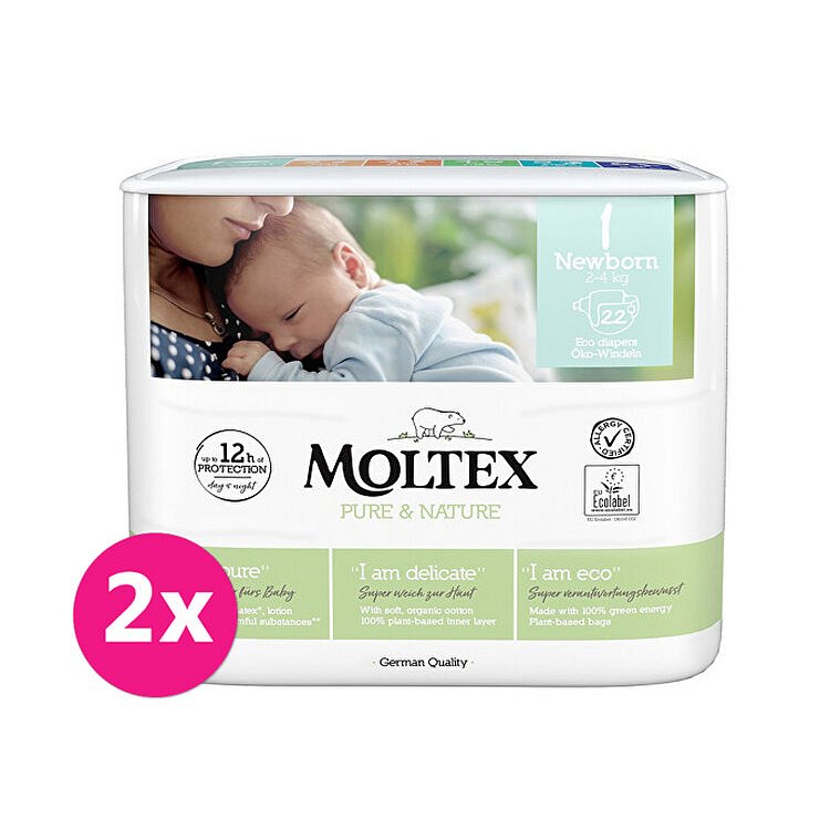 2x MOLTEX Pure&Nature Pleny jednorázové Newborn (2-4 kg) 22 ks