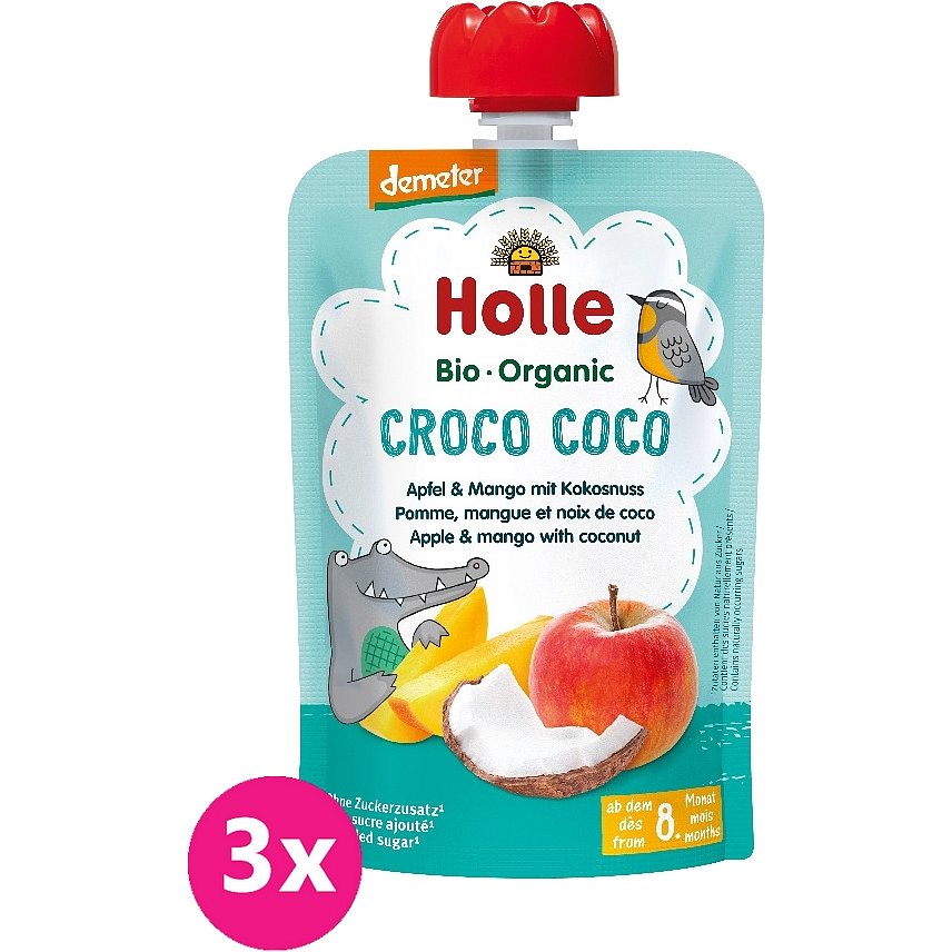 3x HOLLE Croco Coco Bio ovocné pyré jablko, mango, kokos, 100 g (8m+)
