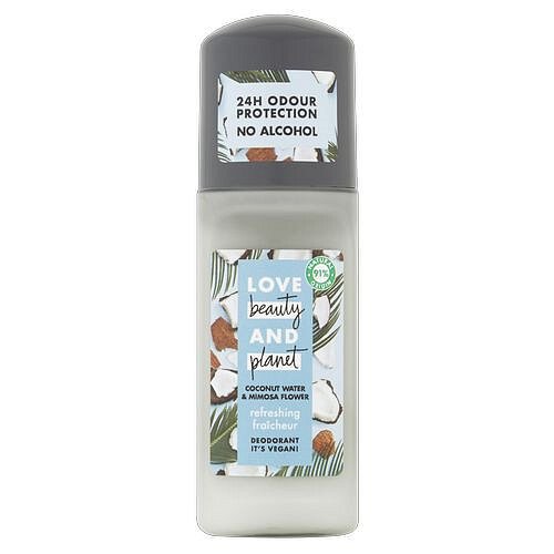 Love Beauty and Planet Osvěžující deodorant roll-on bez alkoholu a hliníku s kokosovou vodou a květy mimózy 50 ml